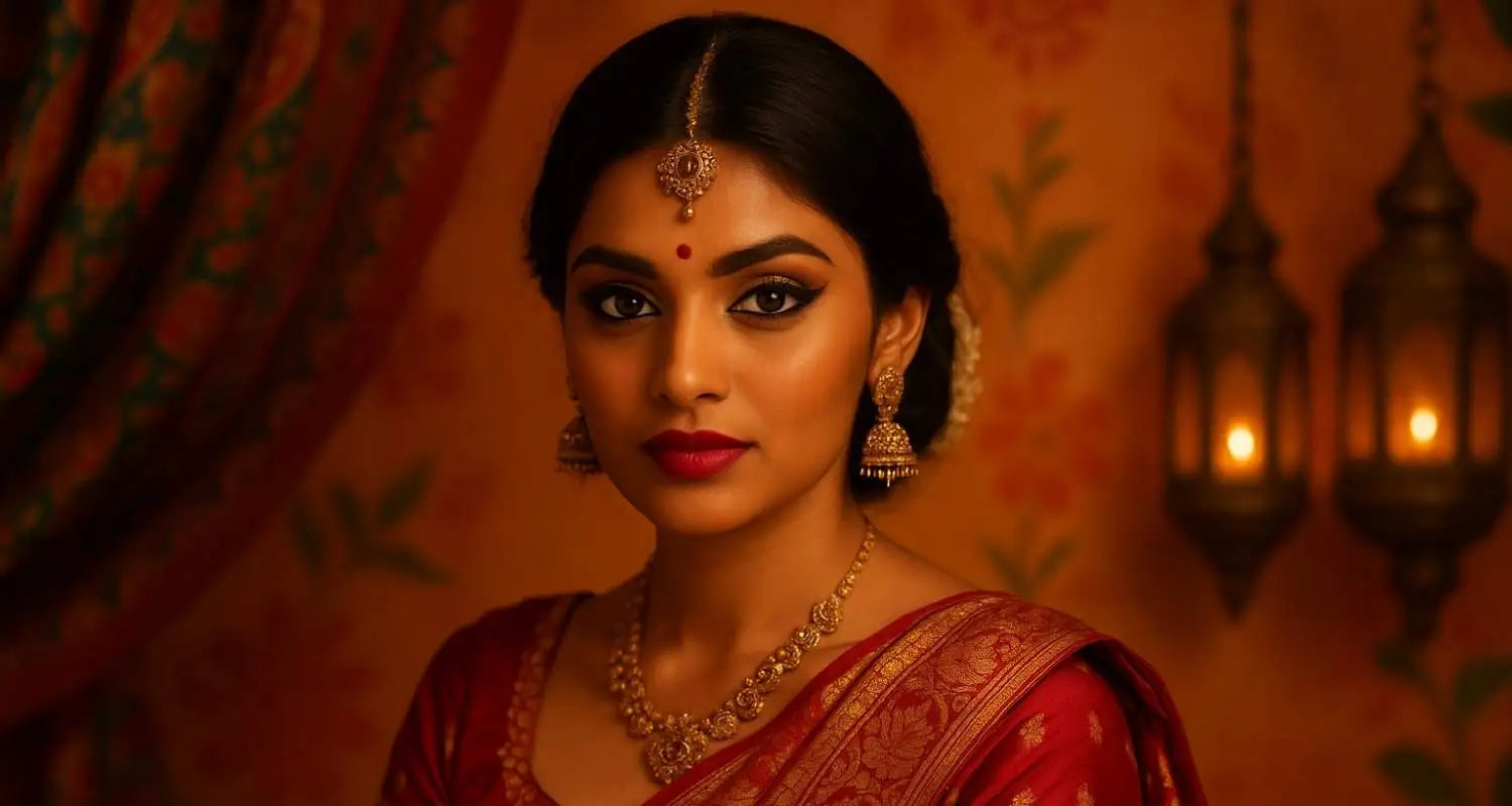 Femme indienne en sari rouge et or, maquillée dans le style Bollywood, posant devant un décor traditionnel aux lumières chaudes.