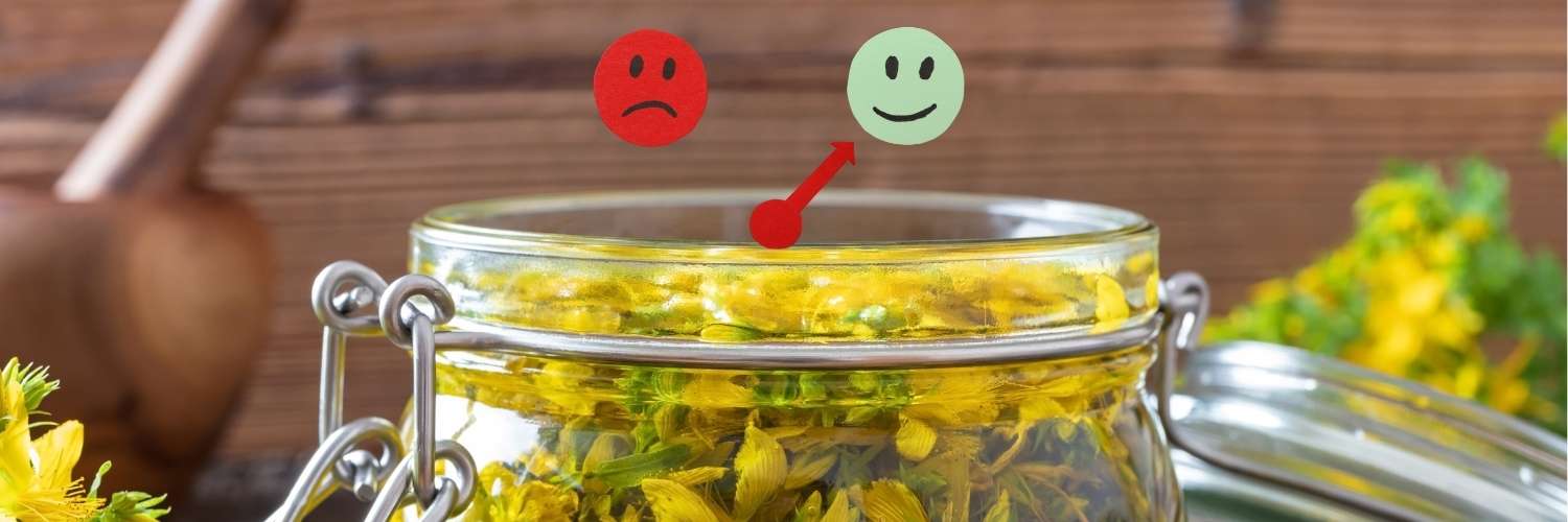 Un pot rempli de fleurs de millepertuis avec un symbole emoji "heureux"