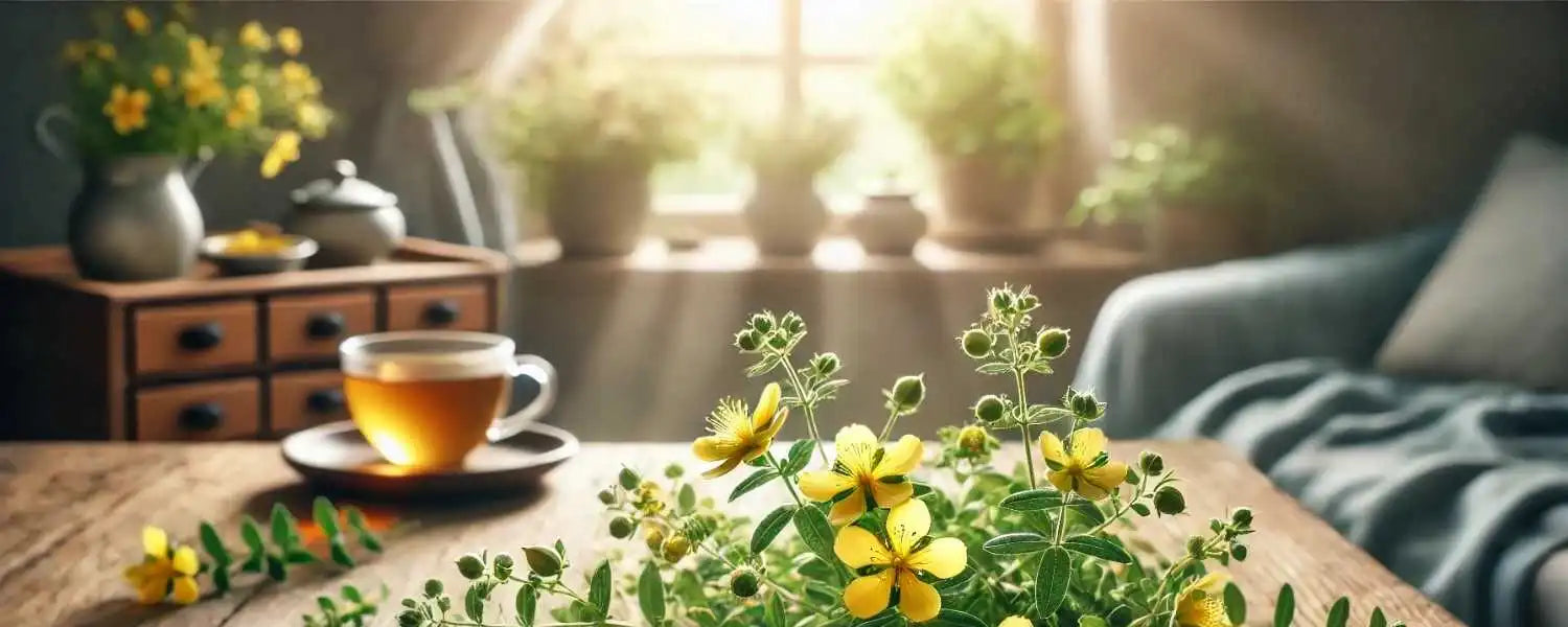 Scène avec des fleurs de millepertuis en gros plan, accompagnées d'une tasse de tisane sur une table en bois, baignée par une lumière matinale