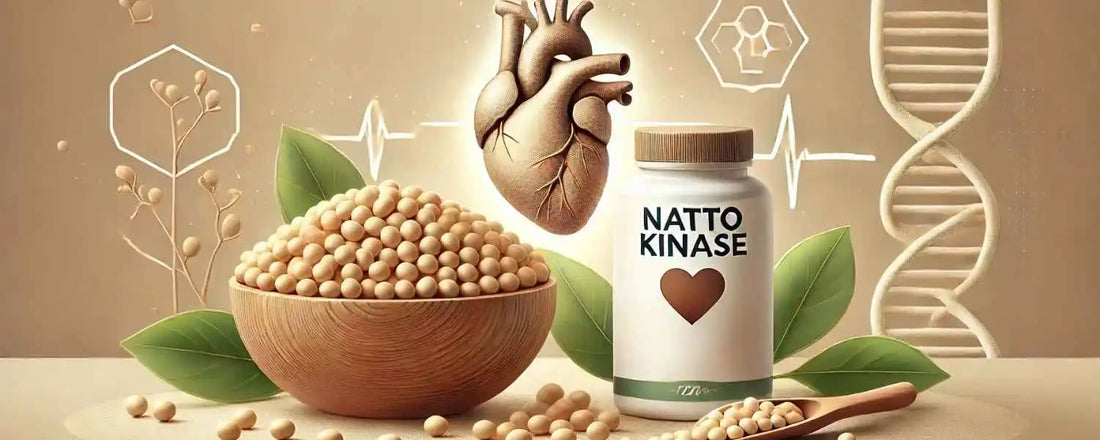 Illustration de nattokinase avec un bol de natto, des graines de soja et un flacon de complément, sur fond naturel évoquant la santé cardiovasculaire.