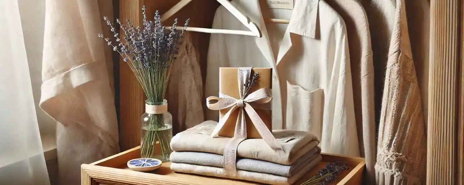 Intérieur de placard en bois avec linge plié, Ruban de Bruges suspendu et enveloppe parfumée glissée entre les vêtements