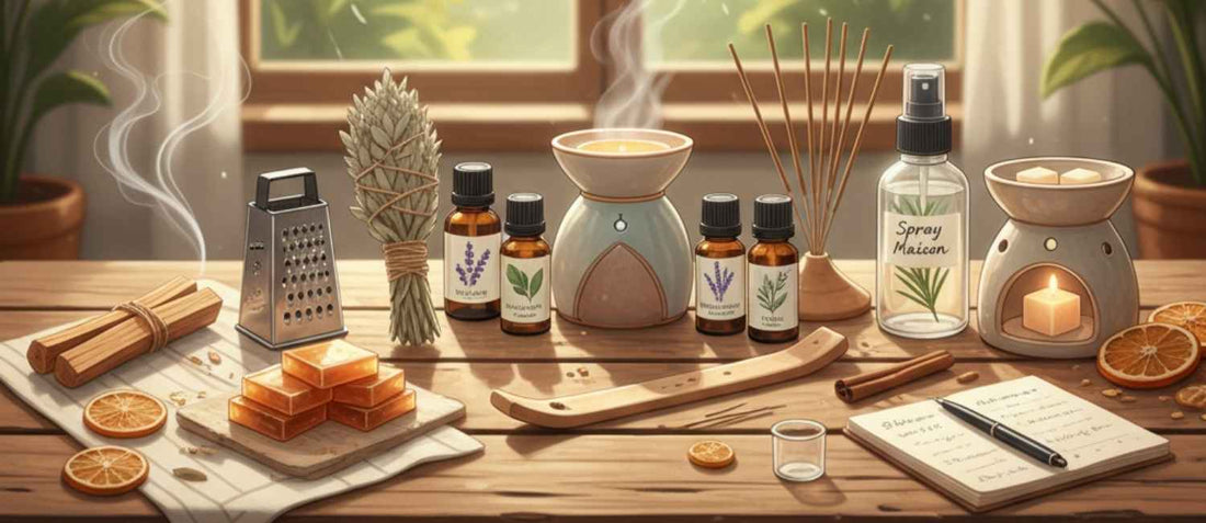 "Divers produits naturels pour parfumer la maison (Palo Santo, sauge, huiles essentielles, ambre, encens, spray DIY) disposés sur une table en bois