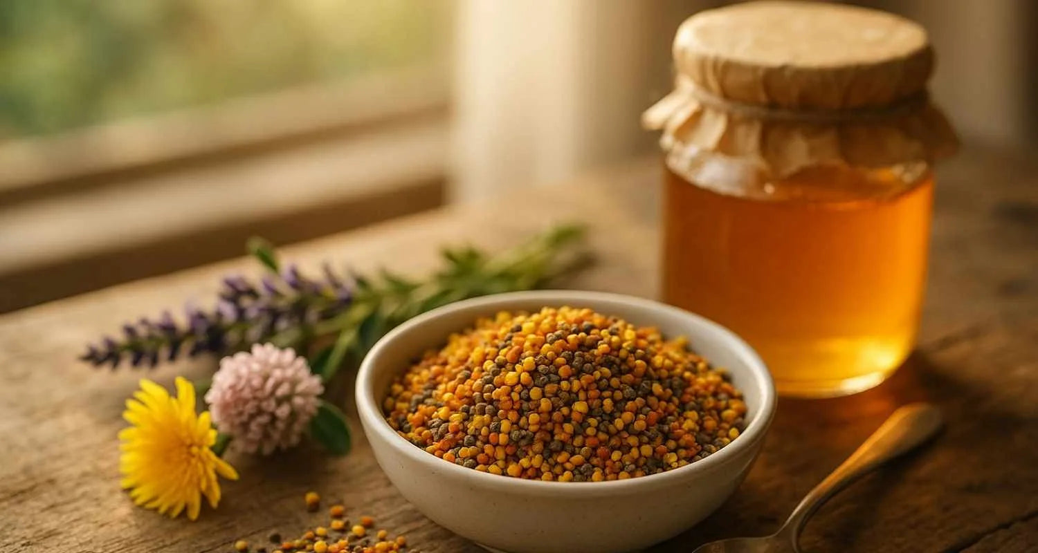 Pollen de fleurs bio présenté dans un bol, accompagné de miel et de fleurs, ambiance saine et naturelle.