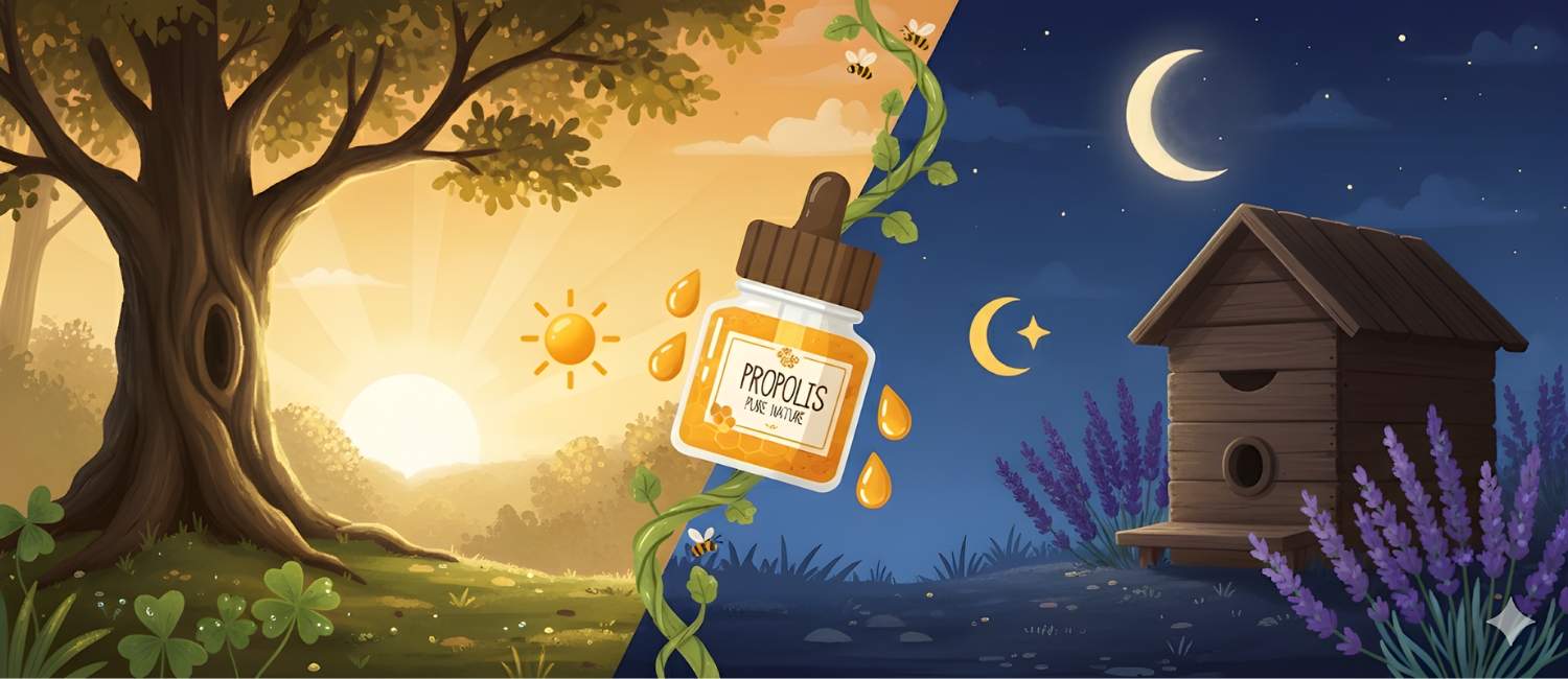 Une boite de propolis au milieu d'une image de levée de soleil, et de coucher de soleil