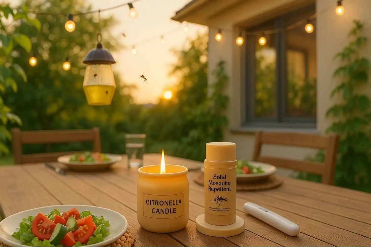 Table d’été au coucher du soleil avec bougie à la citronnelle, répulsif naturel, stylo anti-piqûre et piège à guêpes en fond. Ambiance chaleureuse.