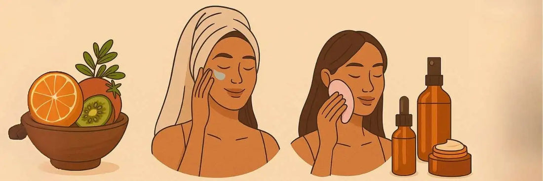 Infographie montrant comment repulper la peau naturellement : alimentation, soins naturels, massage du visage et application de soins adaptés