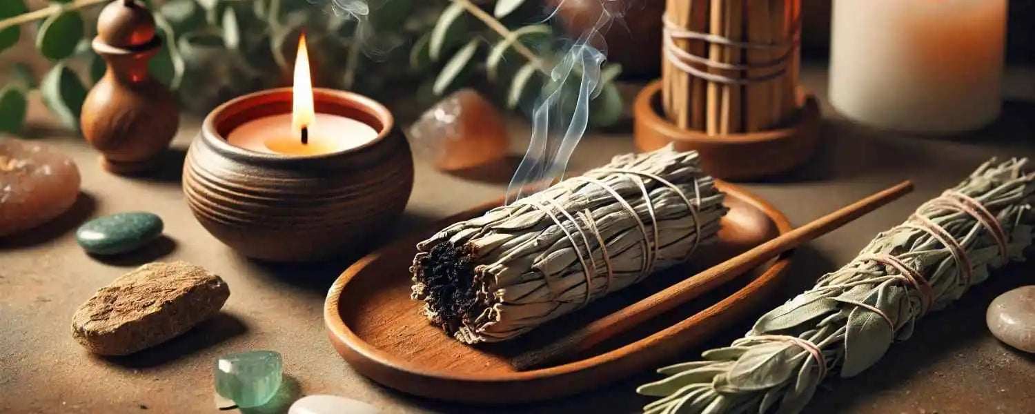 Illustration de sauge et de palo santo posé dans un receptable en bois sur une table, à côté d'une bougie allumée
