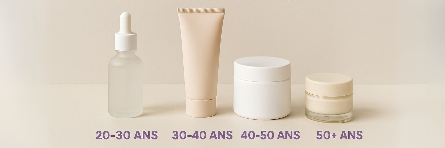 Différents soins anti-âge posés côte à côte en fonction de la tranche d'âge