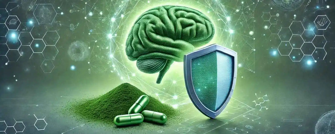 llustration montrant de la spiruline verte et des capsules entourant un cerveau humain protégé par une aura lumineuse.