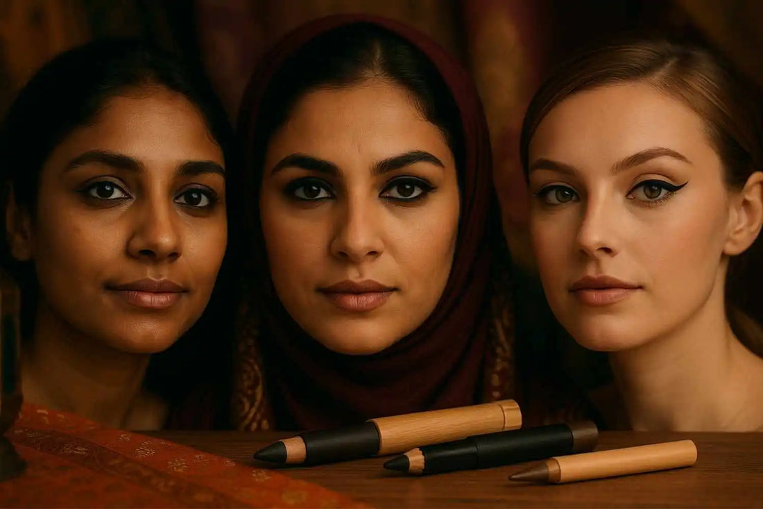 3 femmes de cultures différentes illustrant les maquillage kajal, khôl et eyeliner, avec des crayons naturels, sur fond de décor oriental & indien