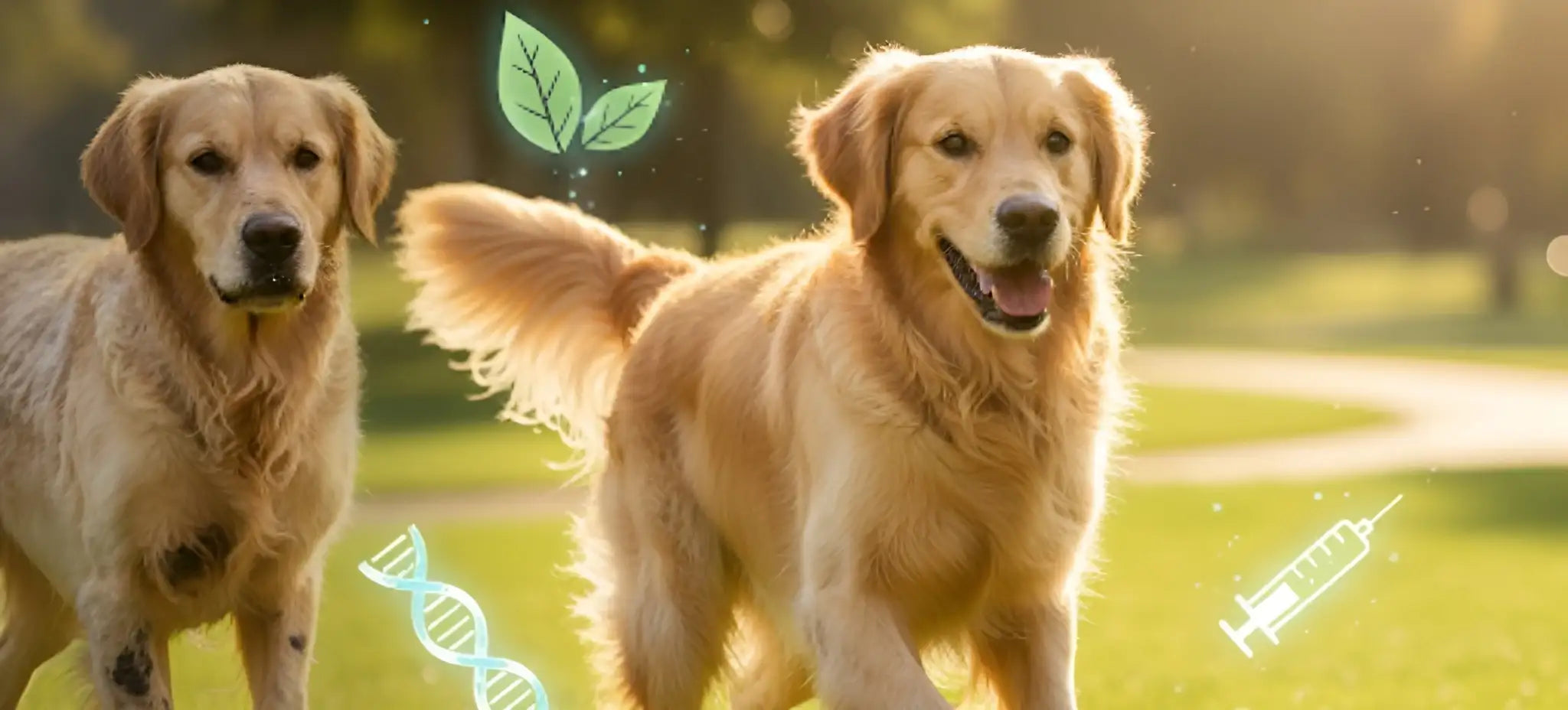 Deux golden retrievers souriants courant dans l'herbe au soleil couchant. Des icônes lumineuses représentant l'ADN, des feuilles et une seringue.
