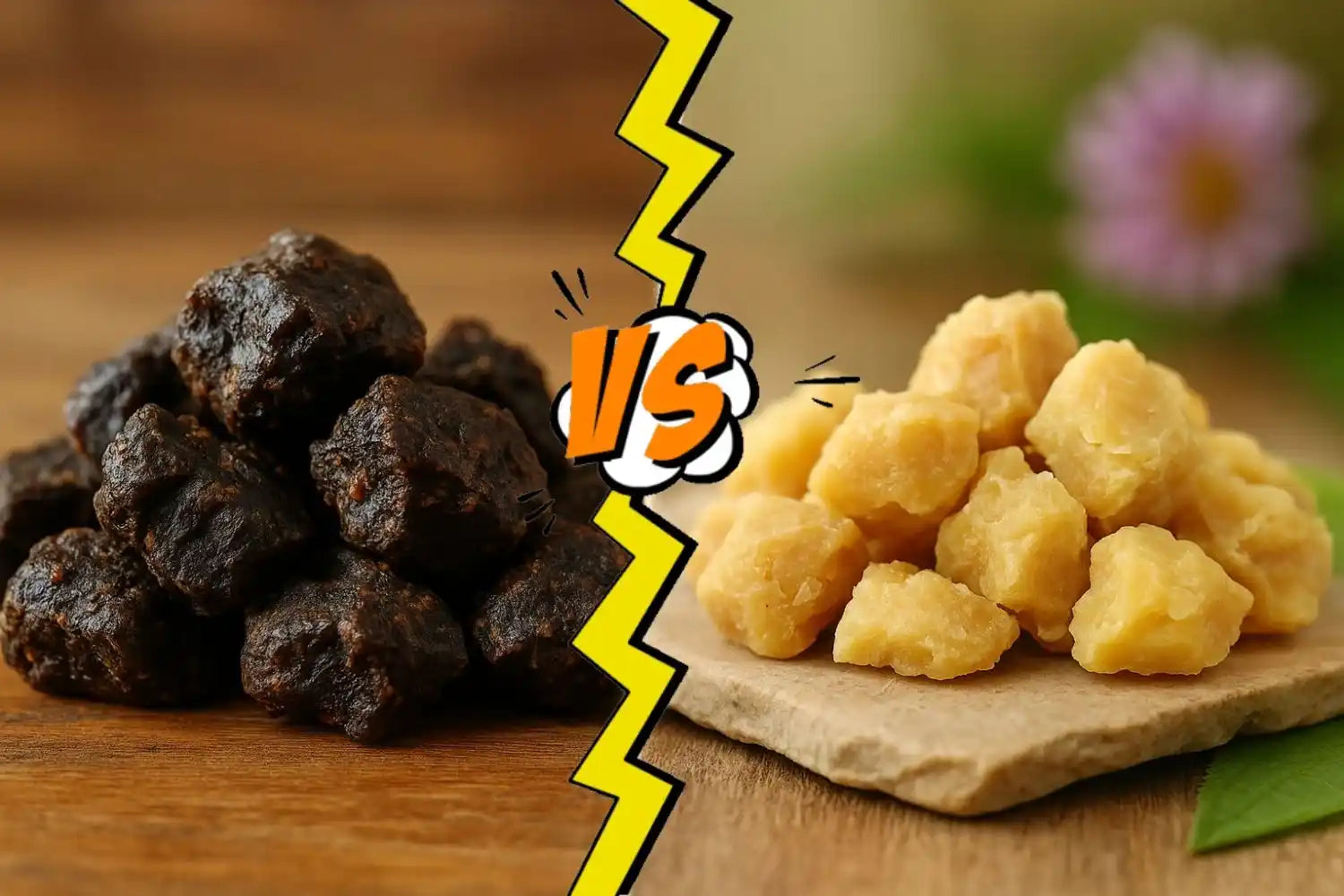 Illustration de comparaison : morceaux de propolis noire à gauche et propolis blanche à droite, séparés par une ligne centrale sur fond naturel