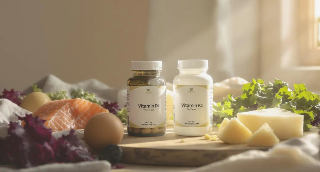 2 flacons de compléments vitamine D3 et K2 posés sur une table en bois, entourés d’aliments riches en vitamine D & K2 (saumon, œufs, légumes, fromage)
