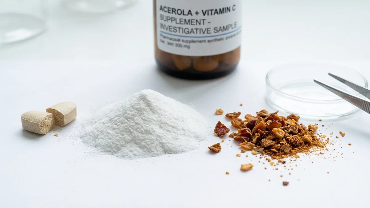 Comprimé Acérola 1000 mg déconstruit montrant poudre synthétique et extrait de fruit authentique pour démontrer la composition réelle