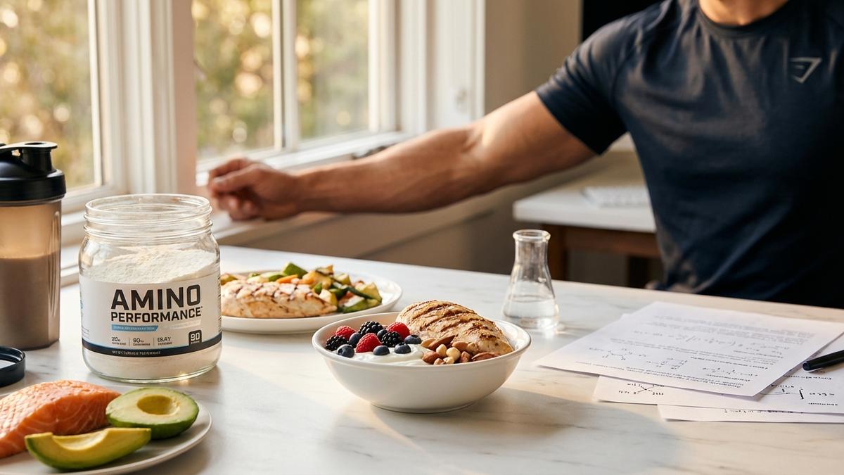 Poudre d'acides aminés et aliments protéinés pour la musculation sur surface marbre