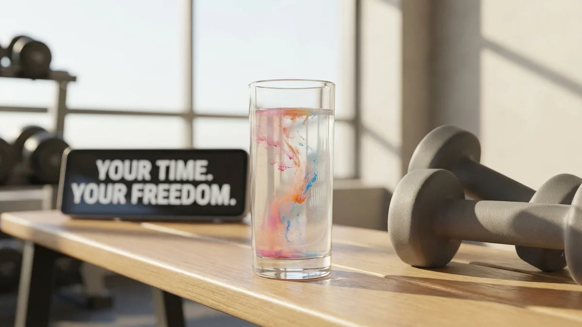 Shake protéiné aux acides aminés avec poudre dans verre, banc de gym et haltères en arrière-plan