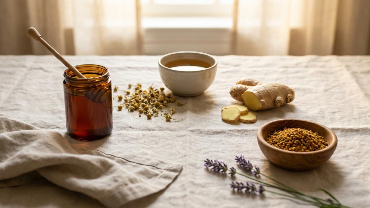 Remèdes naturels contre allergie pollen : miel, camomille, gingembre et pollen d'abeille sur lin