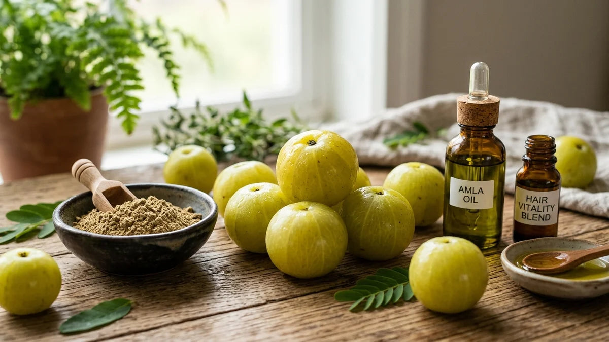 Amla frais avec poudre et huiles pour la santé des cheveux et leur brillance naturelle