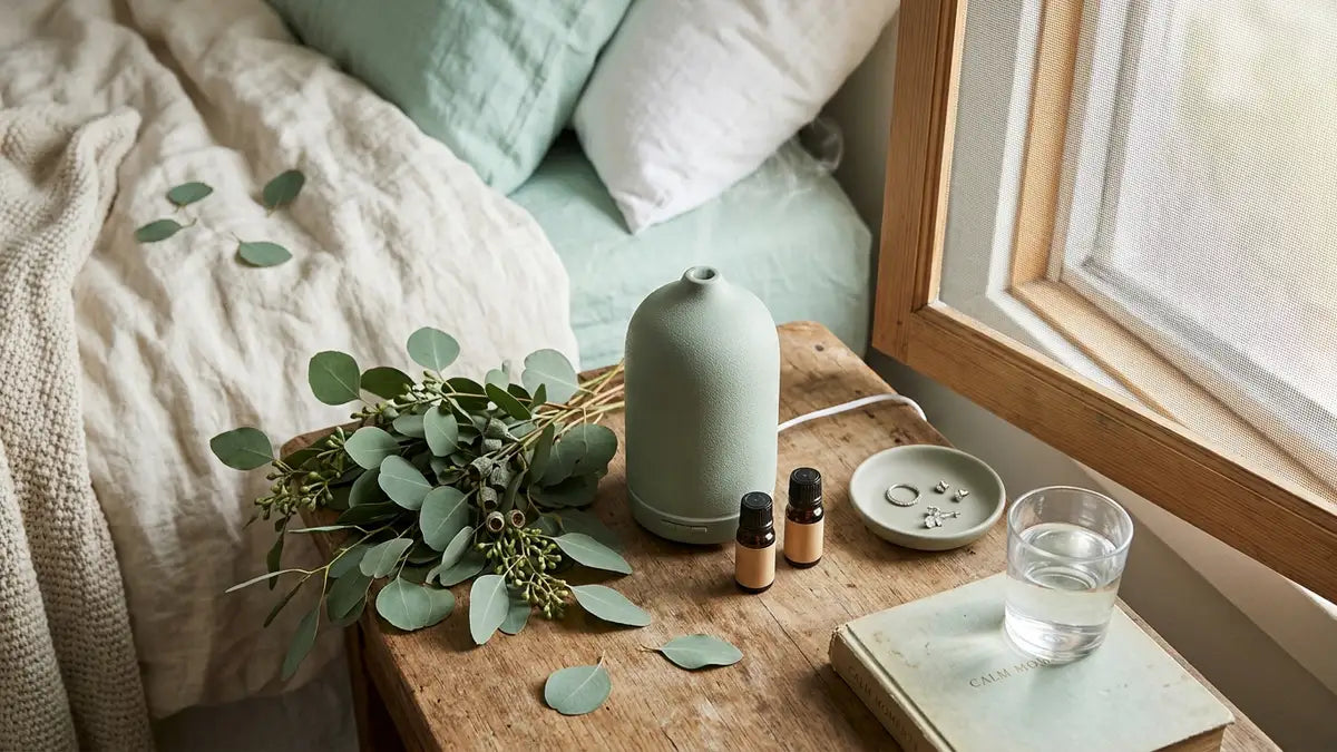 Diffuseur d'eucalyptus citronné naturel sur table de nuit pour repousser les moustiques en chambre