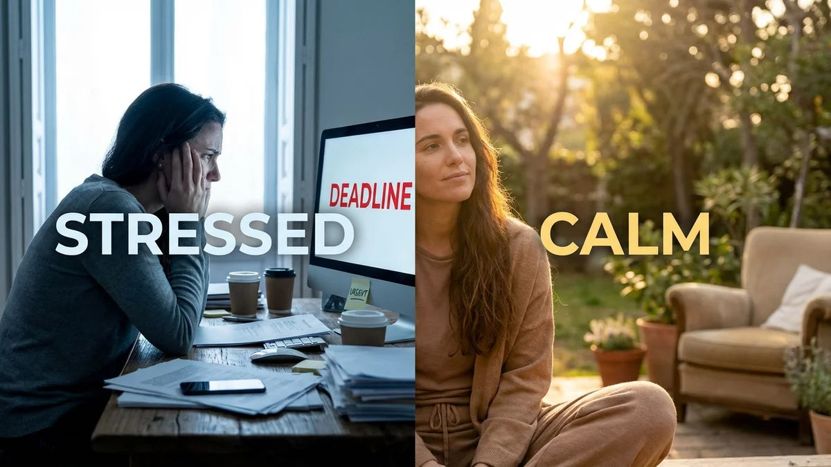 Comparaison visuelle stress et anxiété : personne tendue au bureau vs calme en nature
