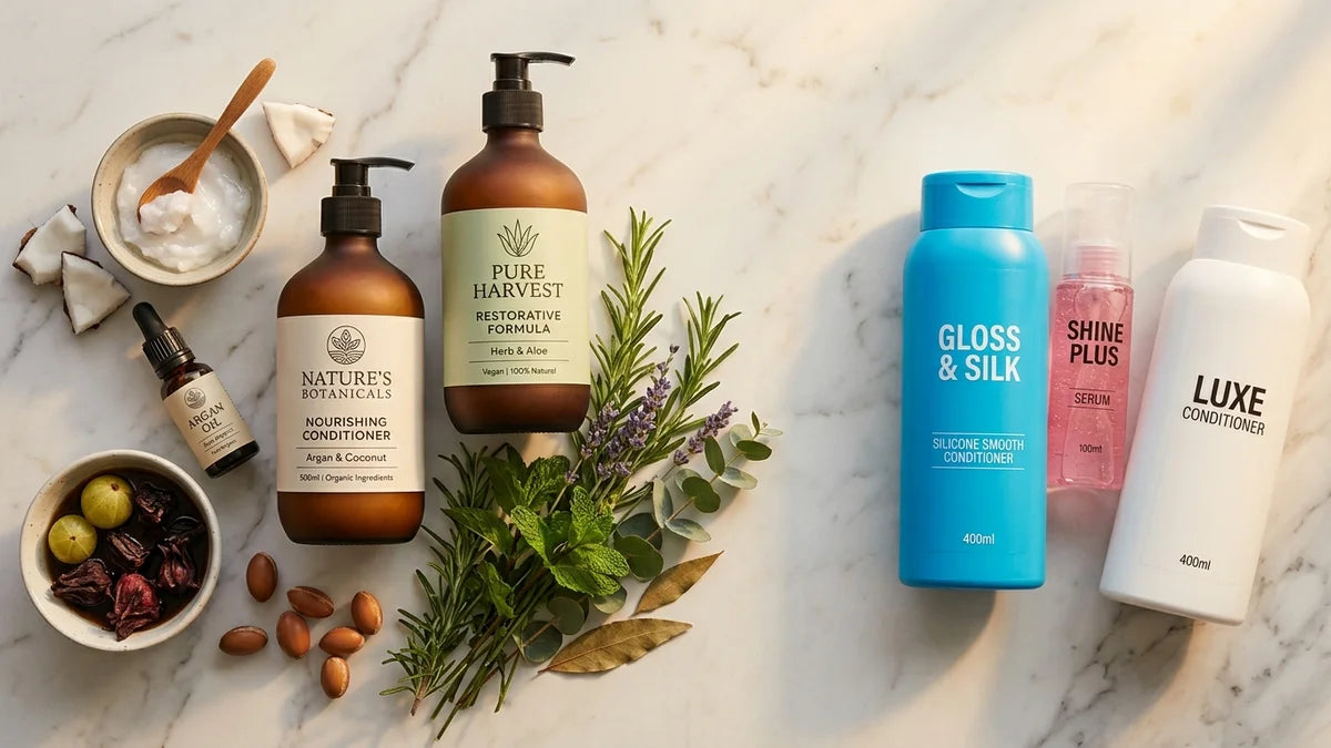 Comparaison après-shampooing naturel et conventionnel avec ingrédients biologiques sur surface marbre