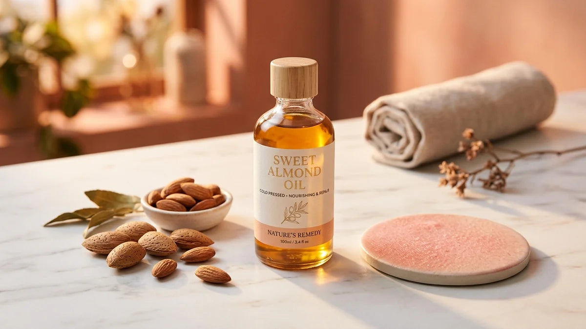 Huile d'amande douce en bouteille avec amandes fraîches, soin après-soleil pour réparer la peau