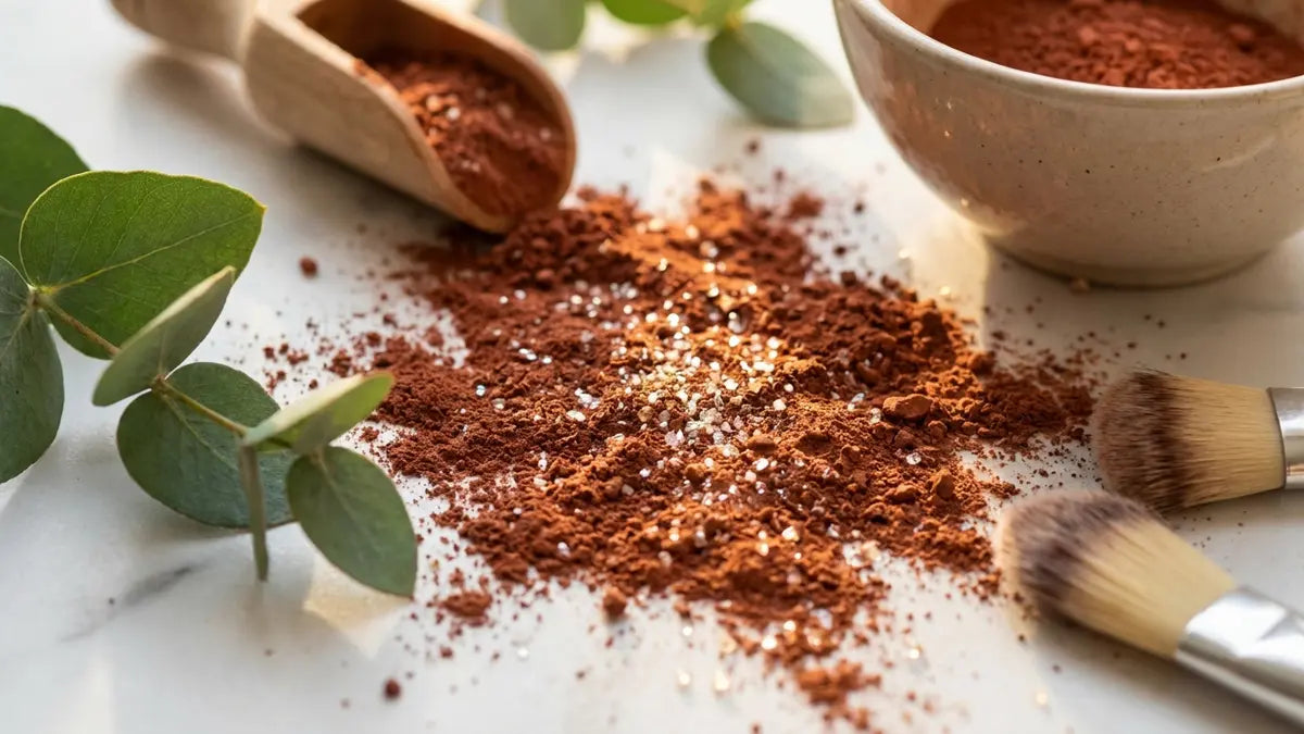 Poudre d'argile rouge avec cristaux minéraux et botaniques pour soins peau et cheveux