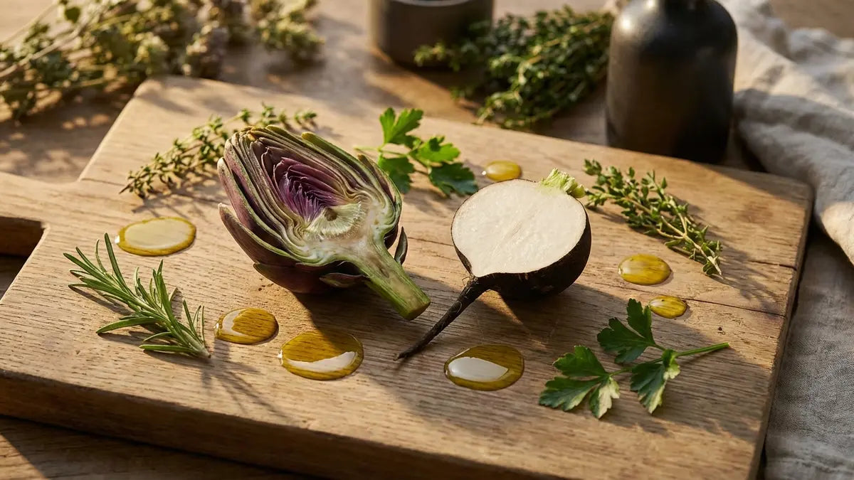 Artichaut et radis noir frais coupés avec herbes et huile d'olive pour la détoxification du foie