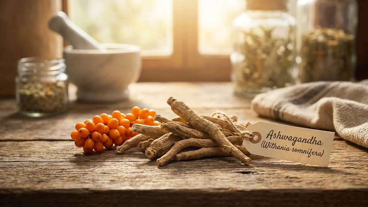 Racine d'ashwagandha séchée et baies orange sur bois, bien-être ayurvédique et gestion du stress