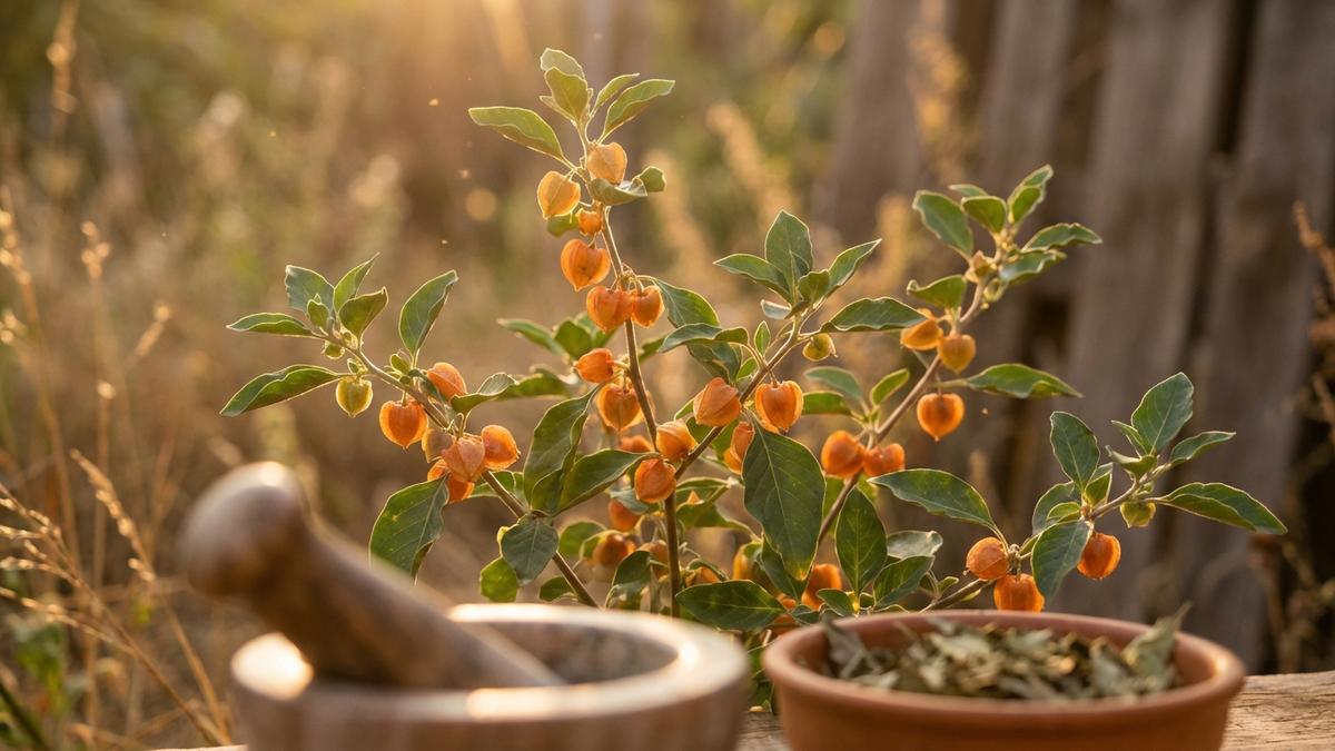 Ashwagandha frais avec baies oranges et feuilles vertes, plante adaptogène anti-stress naturelle