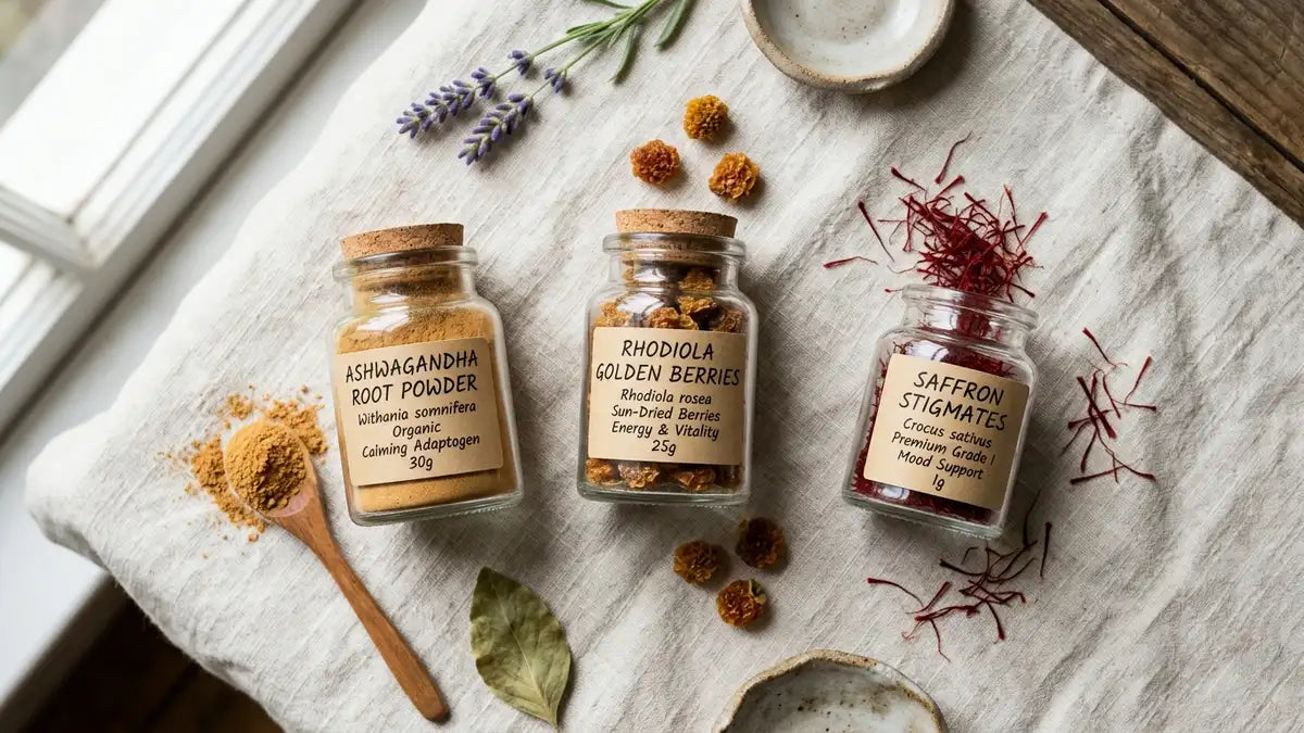 Trois adaptogènes anti-stress : poudre ashwagandha, baies rhodiola et safran en flat lay