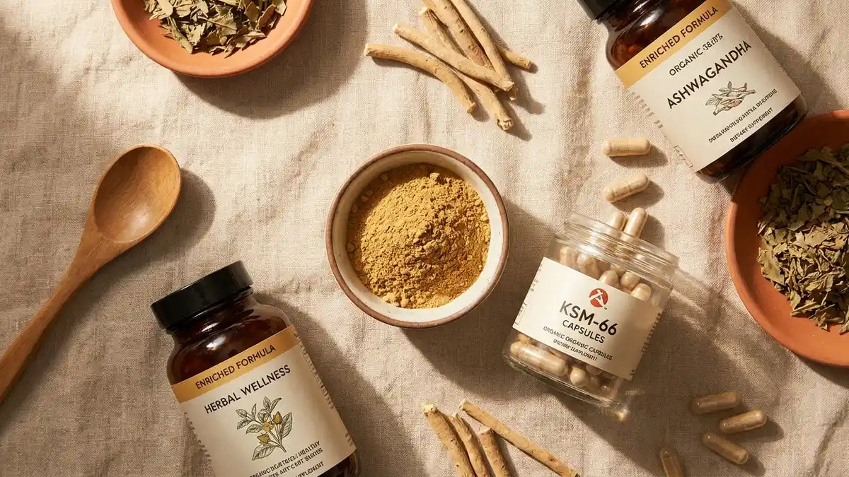 Ashwagandha poudre, gélules et formule enrichie - comparaison des formes sur surface naturelle