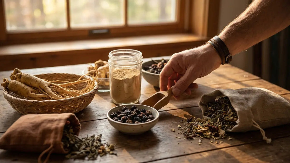 Ingrédients naturels pour augmenter libido homme : ginseng, maca et tribulus sur surface bois