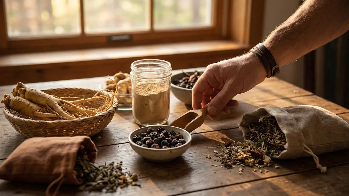 Ingrédients naturels pour augmenter libido homme : ginseng, maca et tribulus sur surface bois