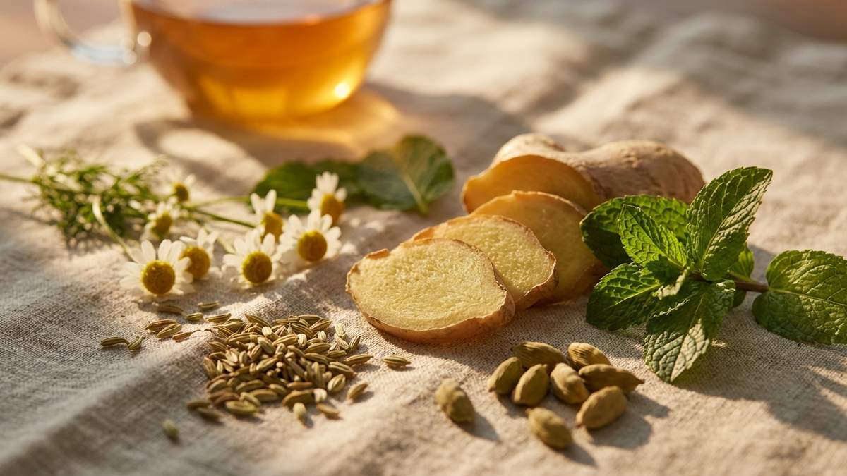 Herbes digestives et gingembre frais pour soulager ballonnements et digestion difficile