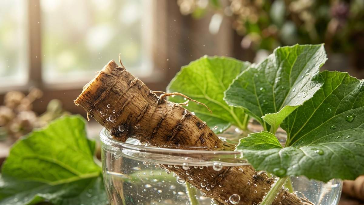 Racine de bardane fraîche dans l'eau avec feuilles vertes pour traiter acné et eczéma naturellement