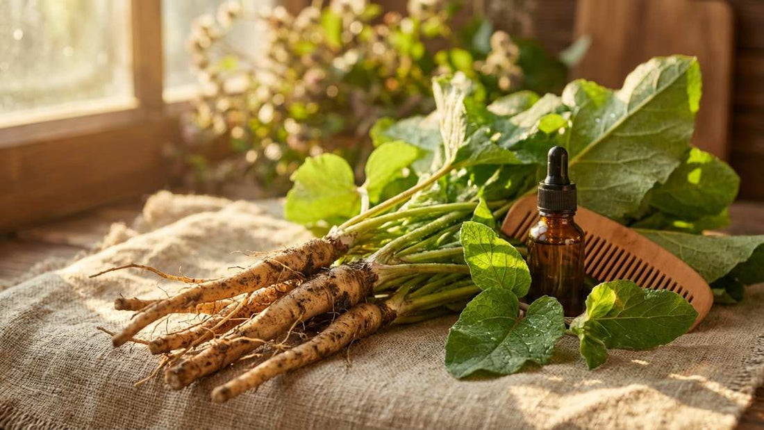 Racine de bardane fraîche avec feuilles vertes pour soins capillaires naturels