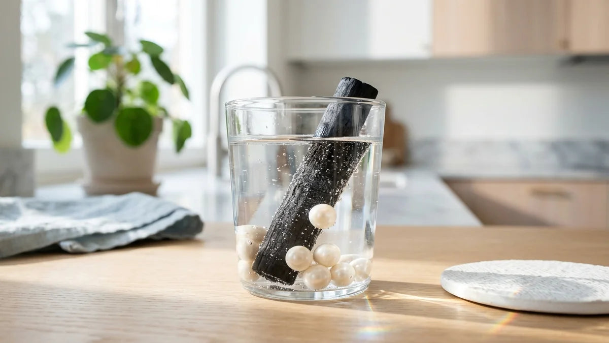 Bâton de charbon actif et perles de céramique dans un verre d'eau purifiée, concept écologique