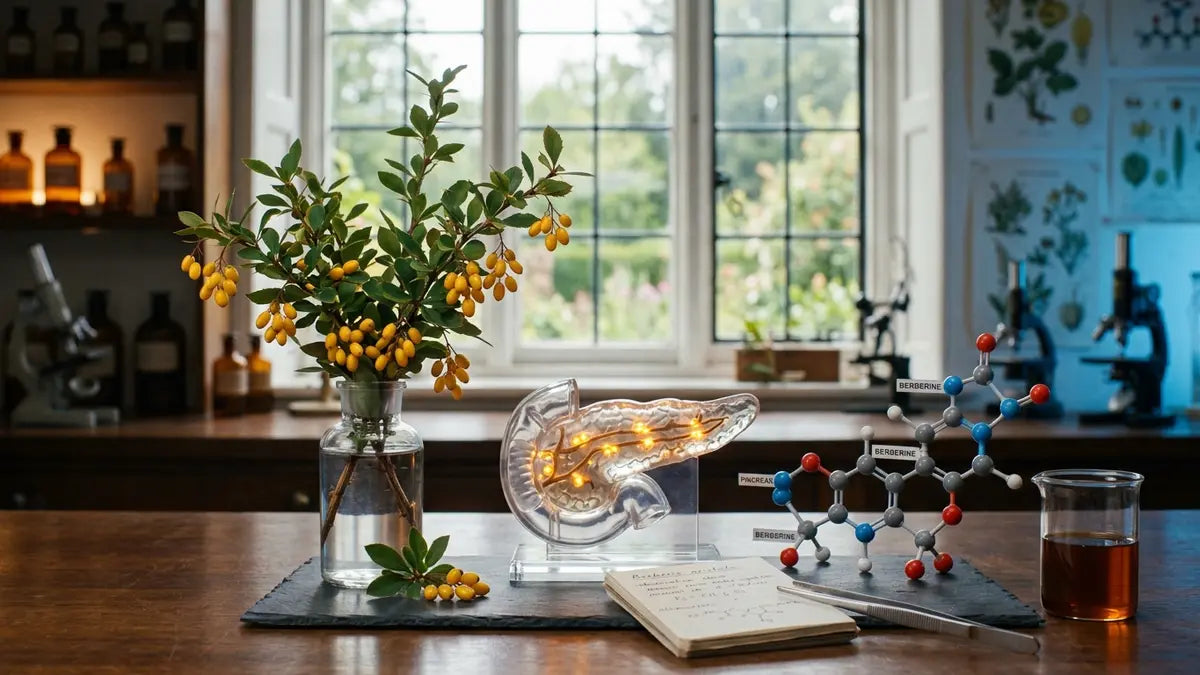 Berbérine et pancréas : plante Berberis aristata avec molécule alcaloïde et modèle anatomique pancréatique