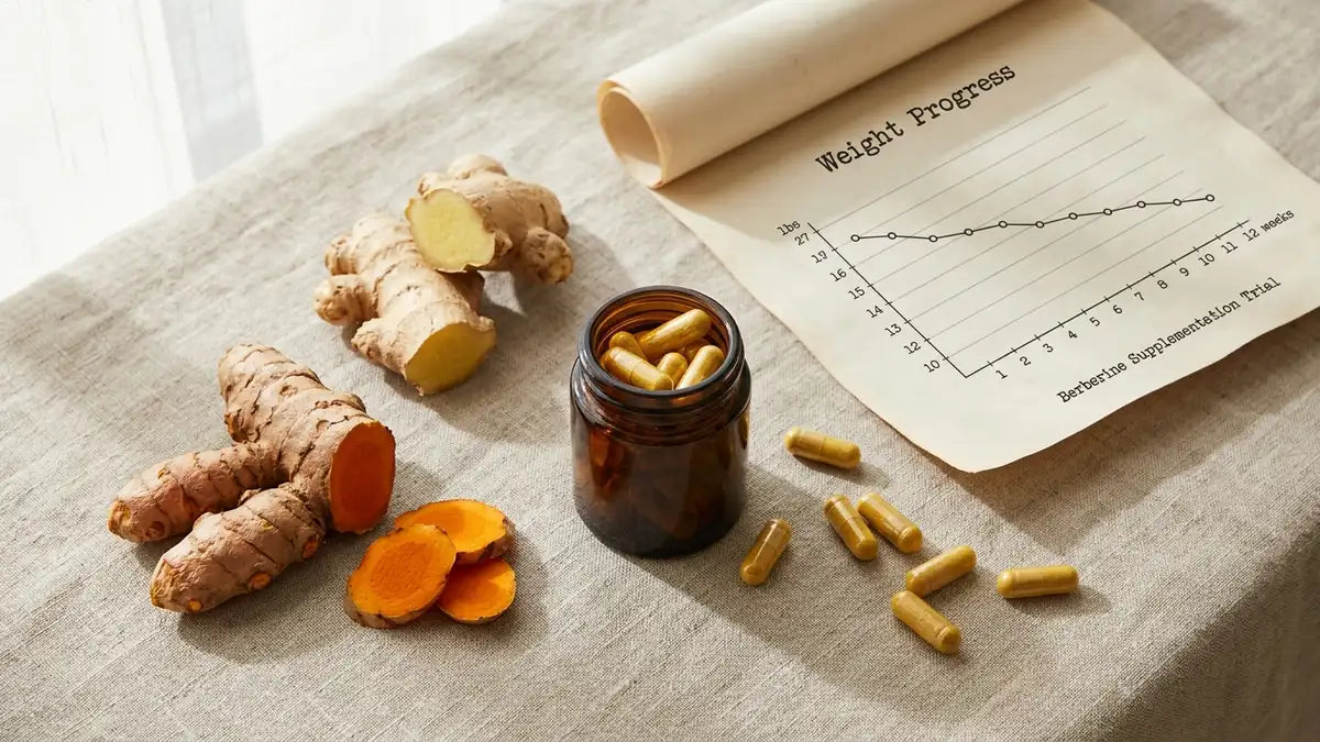 Gélules de berbérine avec curcuma frais, gingembre et graphique de perte de poids scientifique