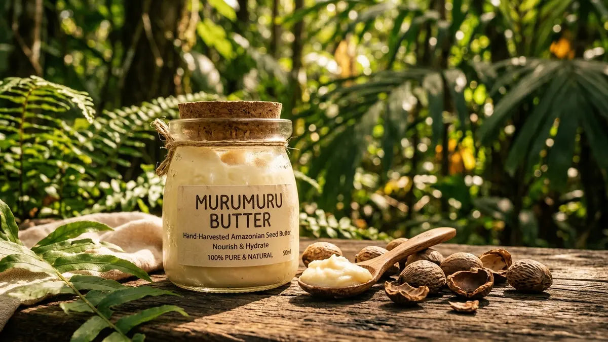 Beurre de murumuru en pot verre avec graines amazoniennes, ingrédient soin et protection naturels