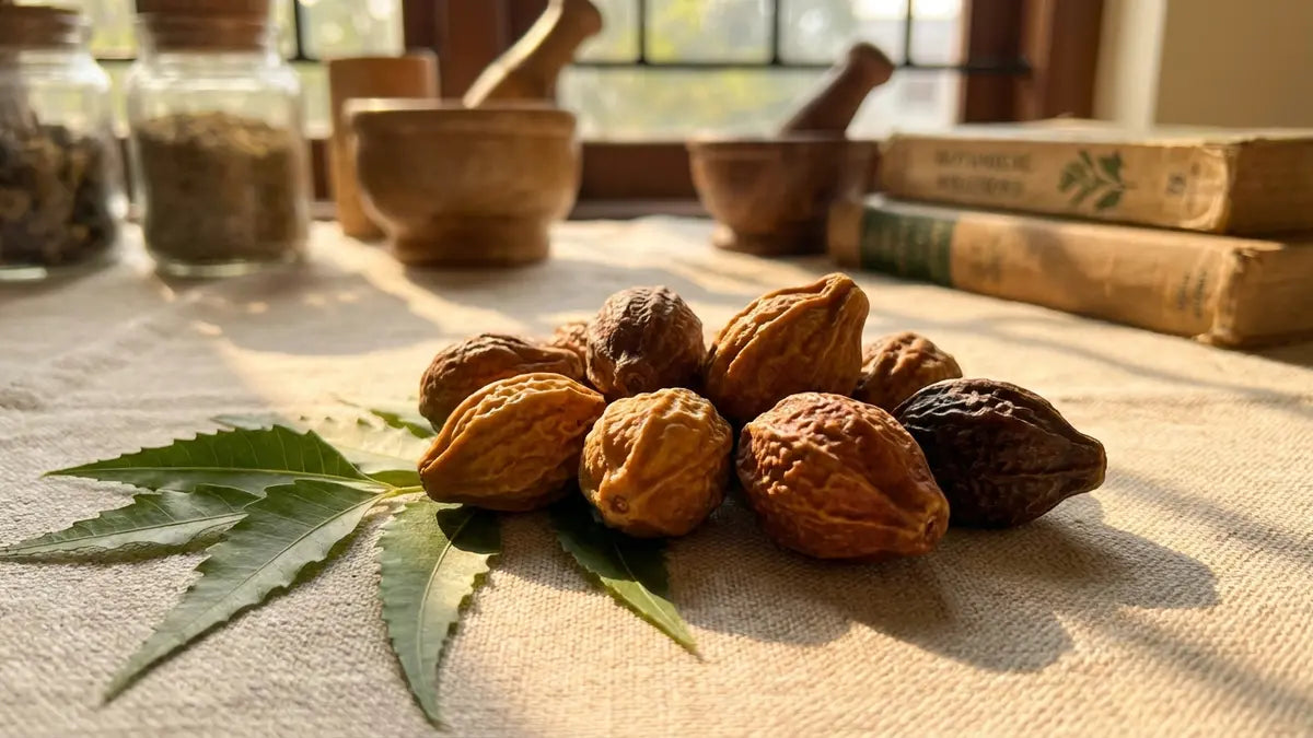 Fruits séchés de Bibhitaki (Terminalia bellerica) avec feuilles vertes, remède ayurvédique naturel
