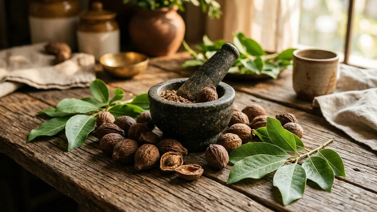 Fruits séchés de Bibhitaki avec feuilles vertes et mortier ayurvédique pour la digestion