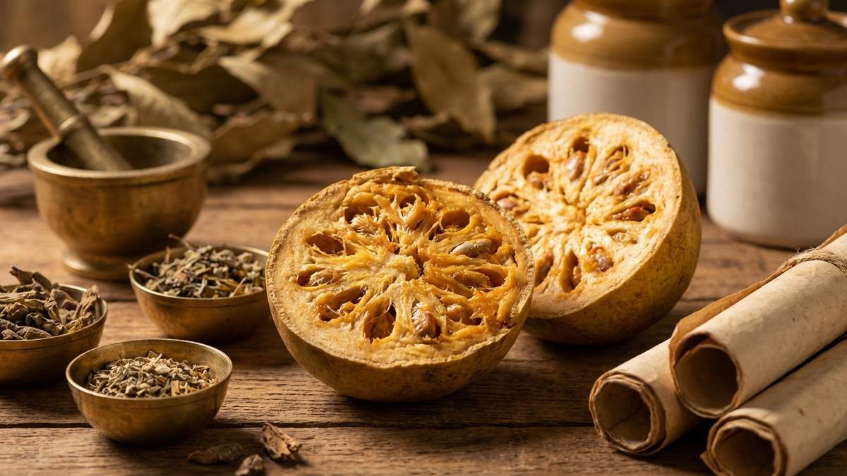 Fruit bilva (bael) coupé en deux révélant sa pulpe, éléments ayurvédiques traditionnels, bien-être intestinal