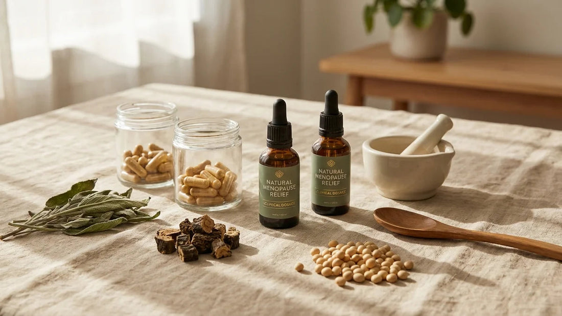 Ingrédients naturels pour bouffées de chaleur : sauge, cohosh noir, soja et capsules dosées