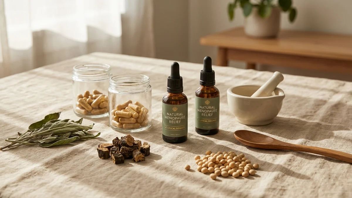 Ingrédients naturels pour bouffées de chaleur : sauge, cohosh noir, soja et capsules dosées