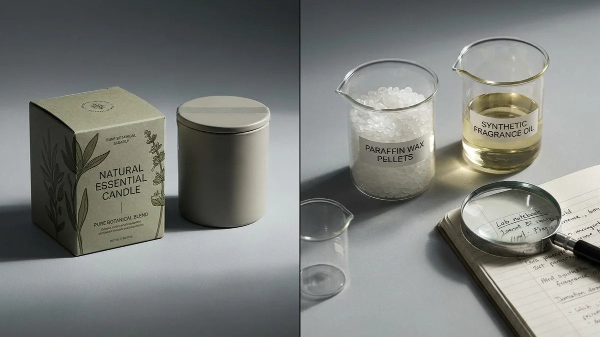 Bougie parfumée avec emballage "naturel" révélant paraffine et ingrédients synthétiques - démystification marketing