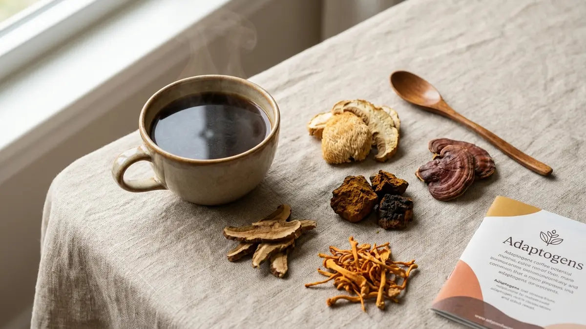 Tasse de café aux champignons adaptogènes avec lion's mane, reishi et chaga sur surface neutre