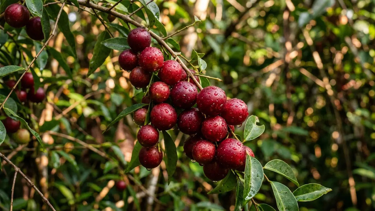 Baies de camu camu rouges fraîches en habitat amazonien, superfruit riche en vitamine C
