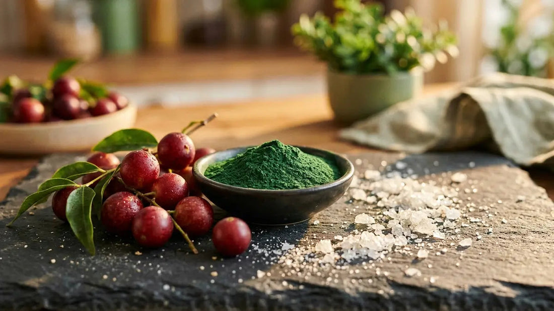 Poudre de spiruline et baies de camu camu fraîches sur pierre naturelle, synergie vitamine C et fer